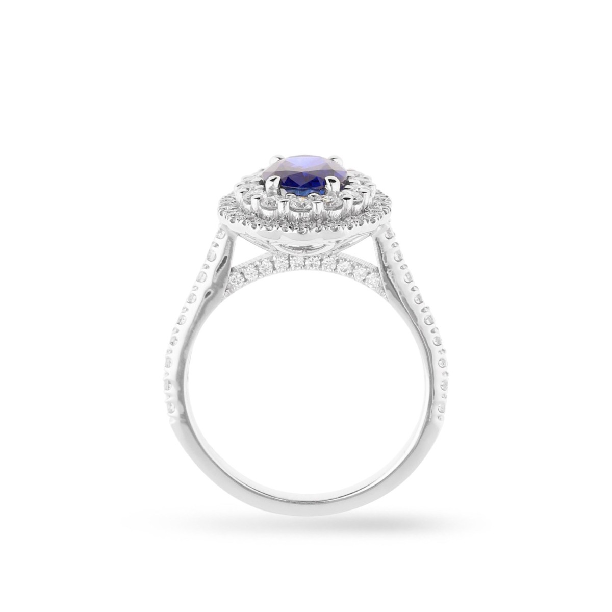 Rosette ring with oval-cut blue sapphire (1.27ct) and double halo of diamonds