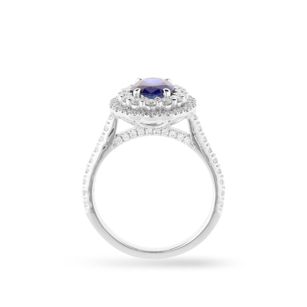 Anillo Rosetón con Zafiro Azul (1.27ct) talla Oval y doble orla de Diamantes | Joyería Grau Online