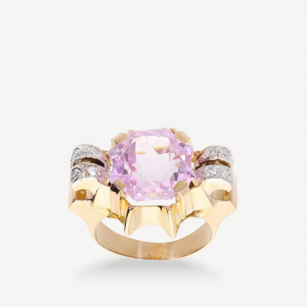 Anillo vintage Grau de oro amarillo con diamantes y amatista (1947)