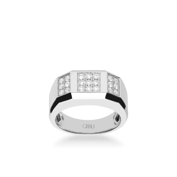Anillo Sello Rectangular Grau Oro Blanco y Diamantes