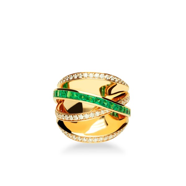 Anillo Oro Rosa Cruzado Esmeraldas y Diamantes