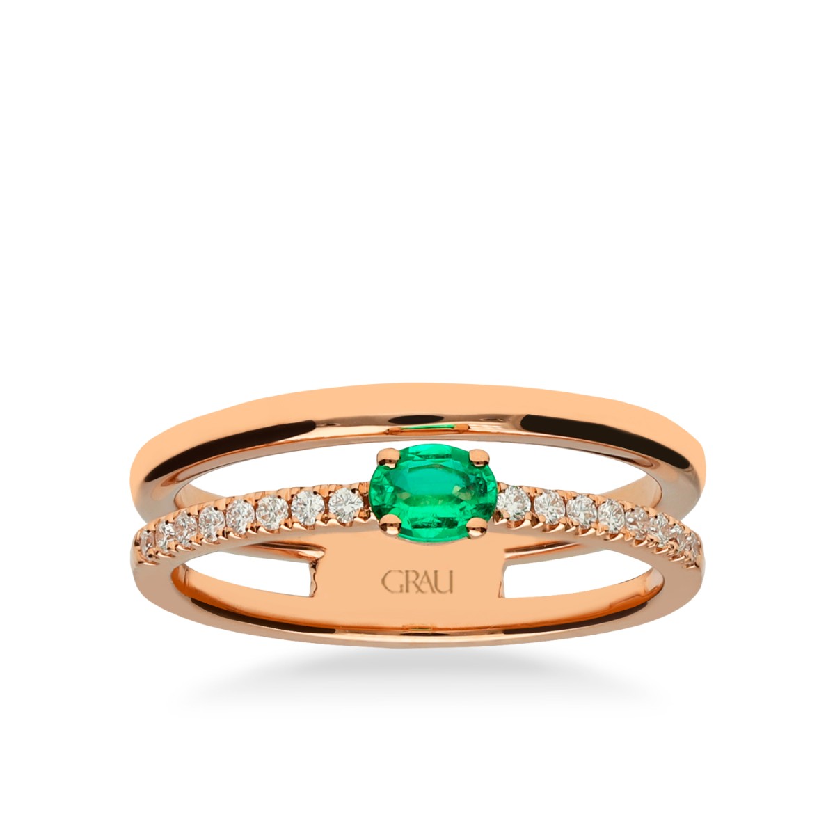 Anillo Doble Oro Rosa, Esmeralda y Diamantes