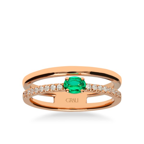 Anillo Doble Oro Rosa, Esmeralda y Diamantes
