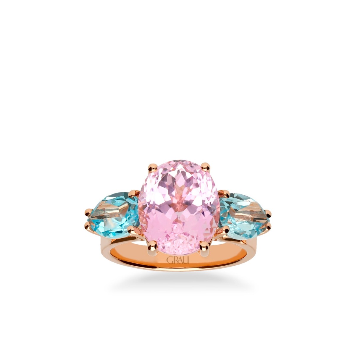 Kunzanite and Sky Topaz Ring Rose Gold Grau