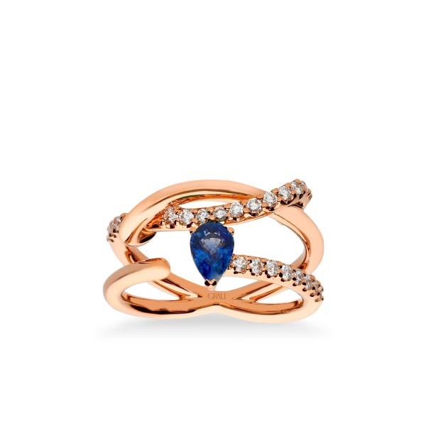 Rose Gold Intertwined Ring with Blue Sapphire and Diamonds