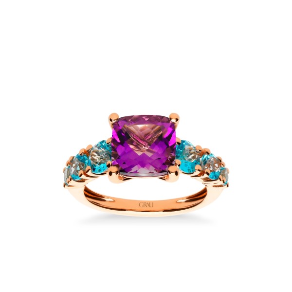 Rose Gold Ring with Topaz and Amethyst
