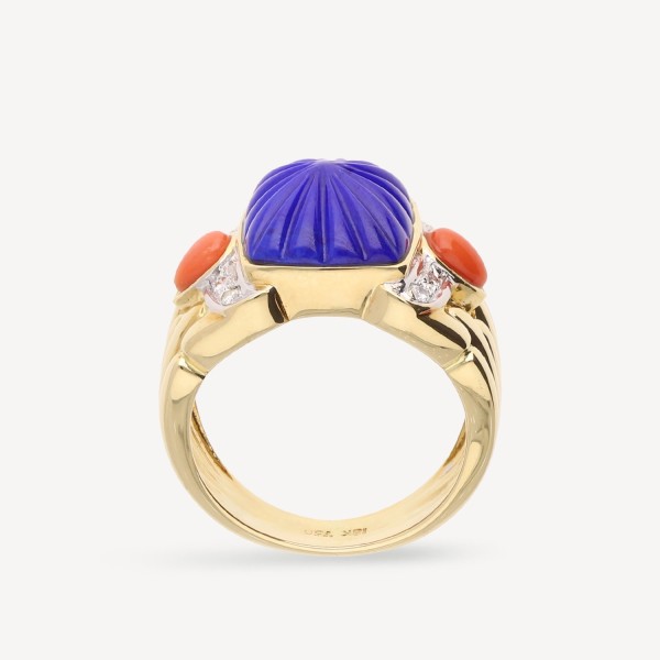Anillo Grau en Oro Amarillo 18k con Diamantes, Lapislázuli y Coral