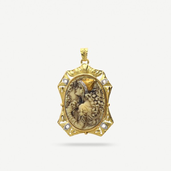 Ivory Pendant Carved in 18k Yellow Gold with Diamonds