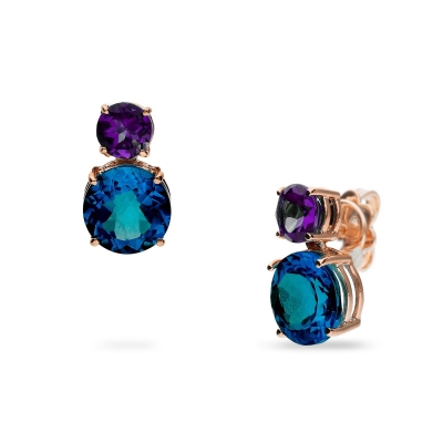 Rose Gold Earrings with London Topaz and Amethyst