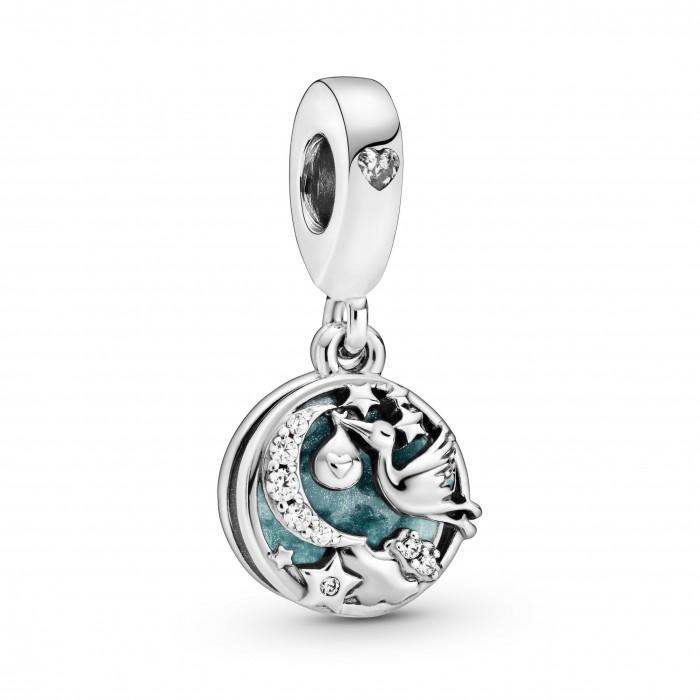 Charm Pandora colgante de Cigüeña y estrellas con esmalte azul