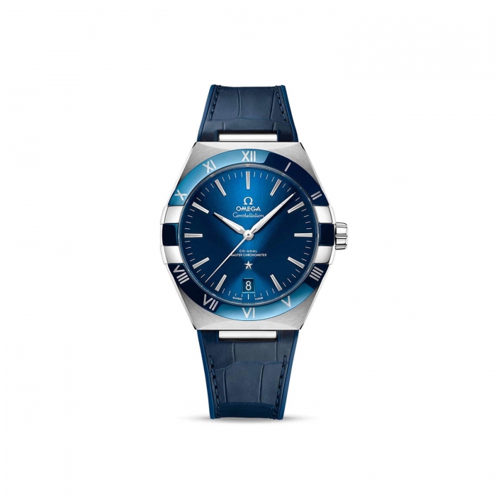 Omega steel and blue leather watch