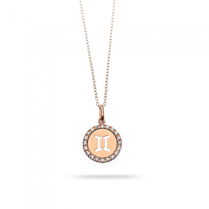 Gemini horoscope necklace in rose gold with diamond bezel