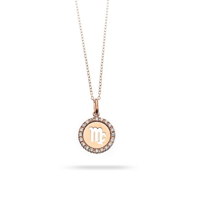 Virgo horoscope necklace in rose gold with diamond bezel