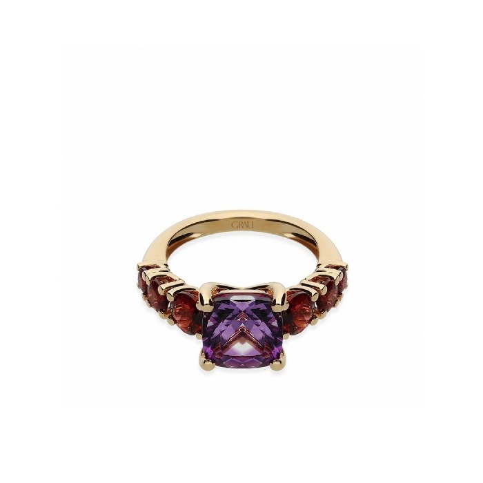 Rose Gold Ring with Amethyst and Rhodalites