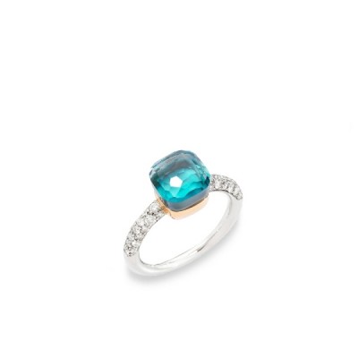 Rose and white gold ring with diamonds and blue topaz and Pomellato agate