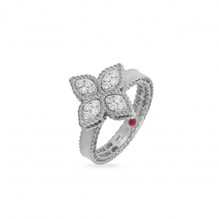 Anell d´or blanc i forma de flor amb diamants de Roberto Coin, talla 56