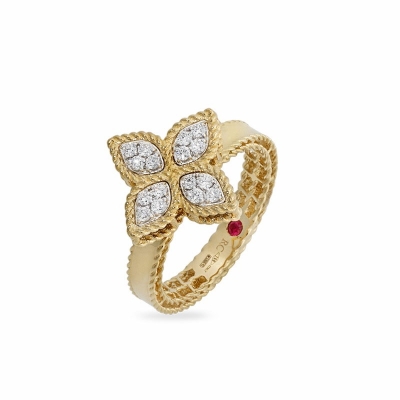 Roberto Coin yellow gold and diamond flower ring, size 54
