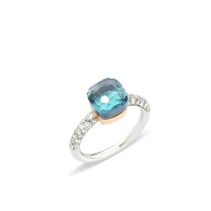 White and rose gold ring with diamonds and London blue topaz and turquoise by Pomellato