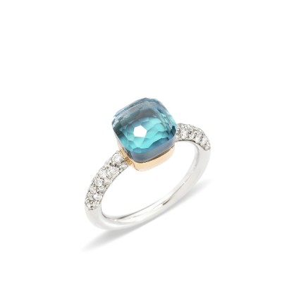 White and rose gold ring with diamonds and London blue topaz and turquoise by Pomellato