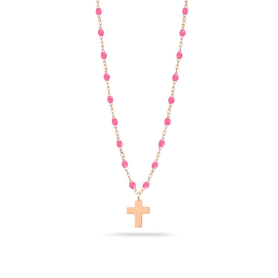 Rose Gold, Cross and Pink Neon Resin Necklace Gigi CLOZEAU