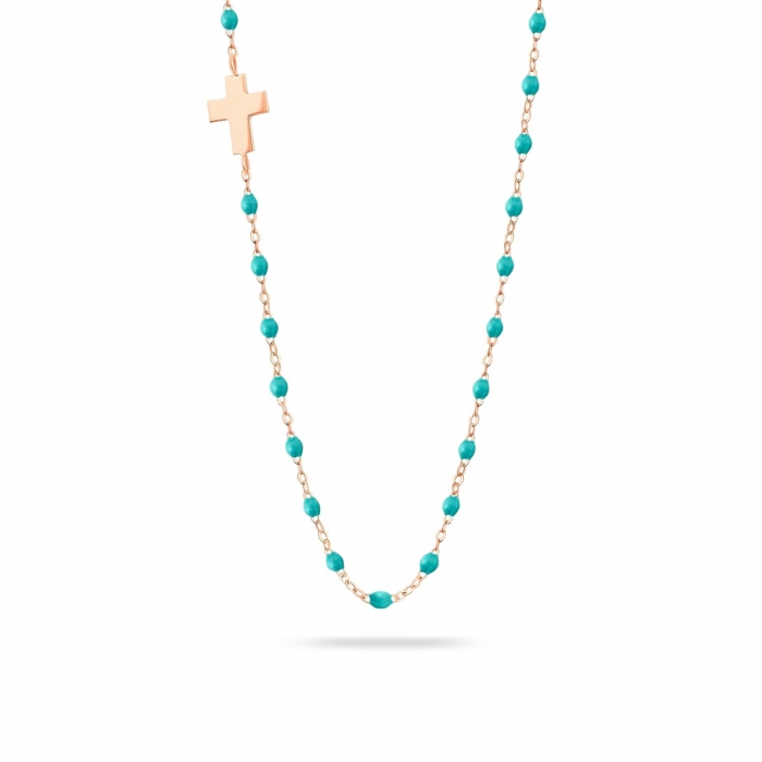 Necklace Rose Gold, Cross and Turquoise Green Resin GIGICLOZEAU