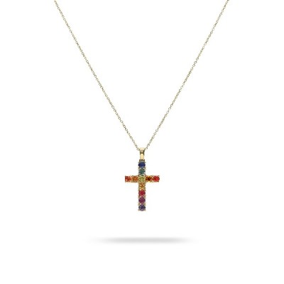 Yellow Gold with Cross and Sapphires Necklace