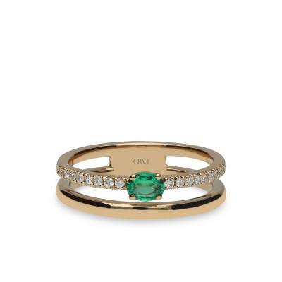 Double Ring Rose Gold, Emerald and Diamonds