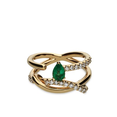 Rose Gold Intertwined Ring with Emerald and Diamonds