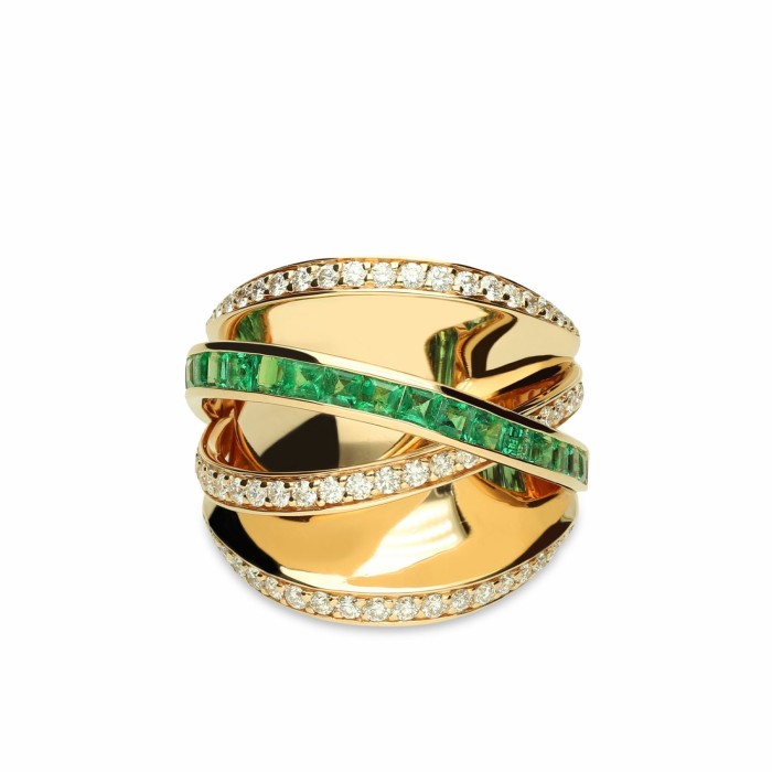 Rose Gold Crossed Ring Emeralds and Diamonds
