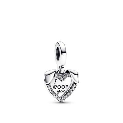 Heart and Dog Pendant Charm in Silver with Cubic Zirconia
