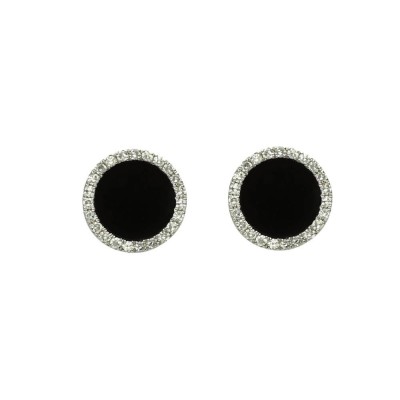 White Gold & Black Agate Halo Stud Earrings