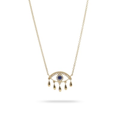 Tiny Charms Eye Necklace Yellow Gold, Sapphires, Diamonds