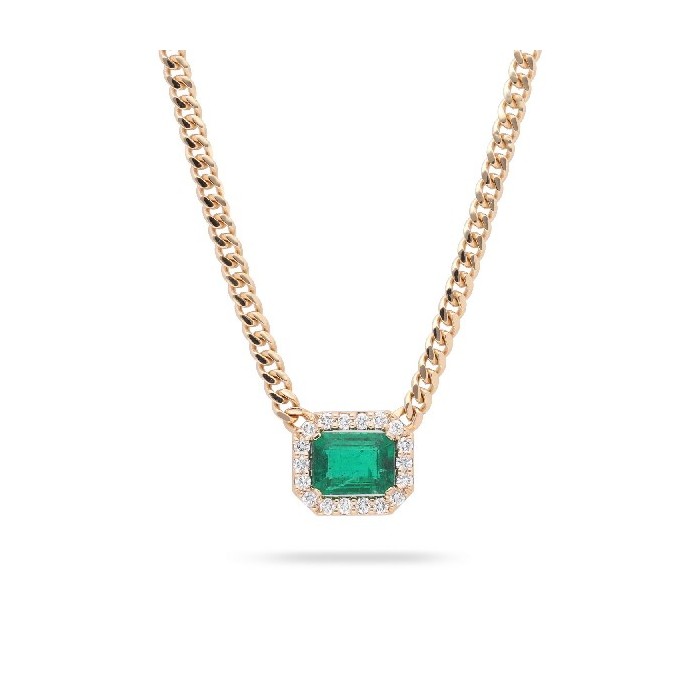 Rose Gold Cuban Link Necklace with Emerald