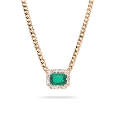 Rose Gold Cuban Link Necklace with Emerald