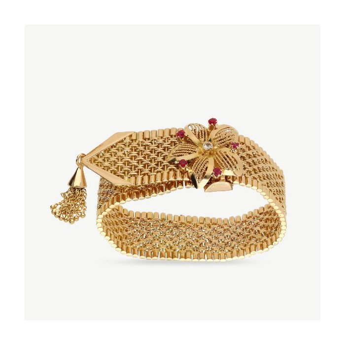 Vintage mesh bracelet with diamond and ruby flower