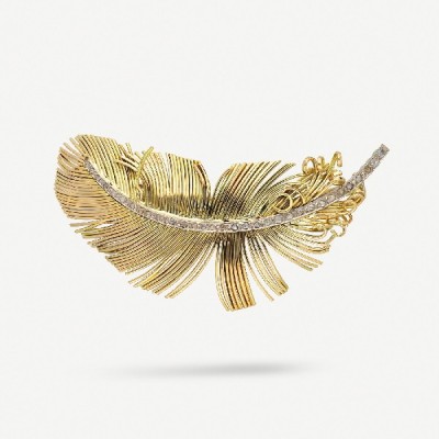 Broche pluma vintage diamantes y oro amarillo