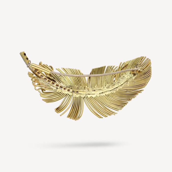 Vintage diamond and yellow gold feather brooch