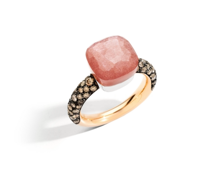 Anillo pomellato Nudo de oro rosa con diamantes brawn y piedra semipreciosa