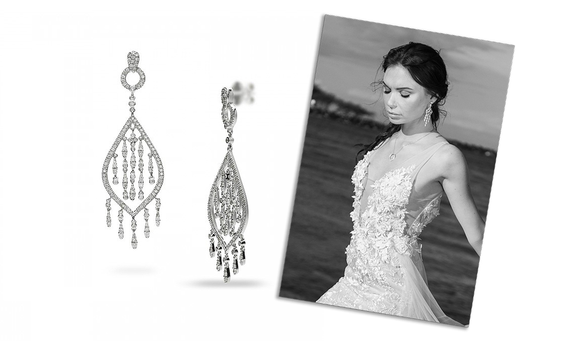 Pendientes de novia largos de estilo vintage en oro blanco y diamantes de joyeria grau