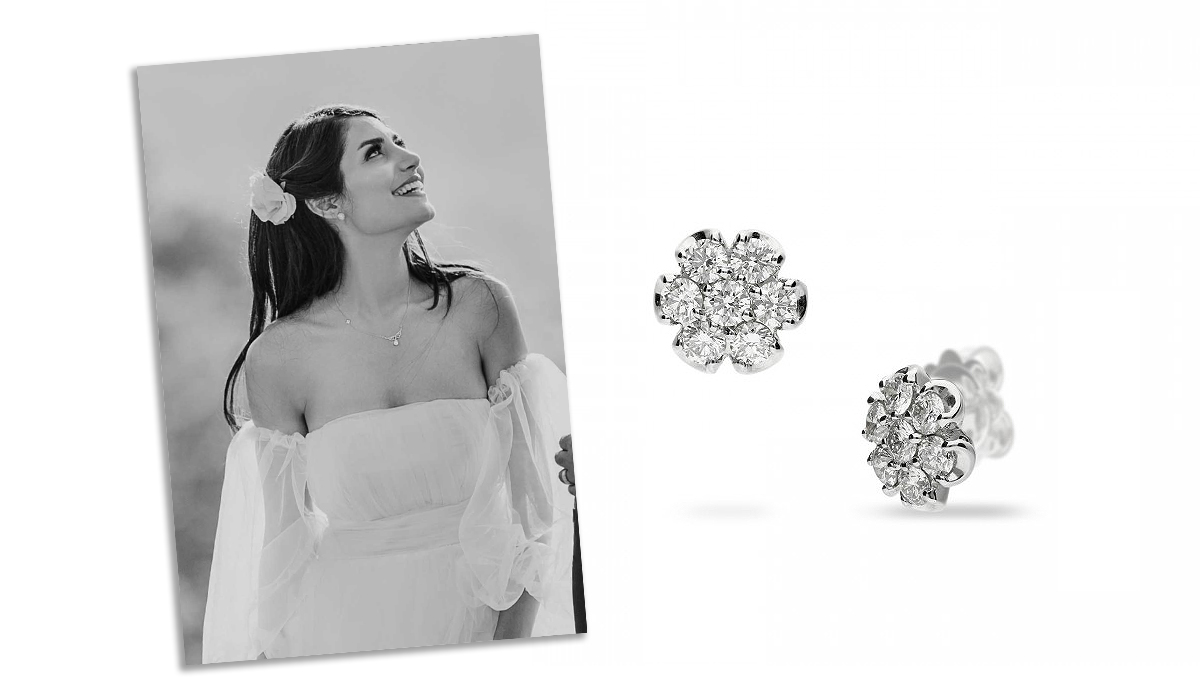 Pendientes para novia de botón en forma de flor de oro blanco y diamantes de joyeria grau