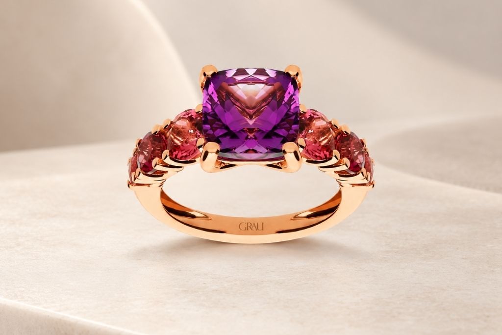 Anillo Oro Rosa Amatista y Turmalinas