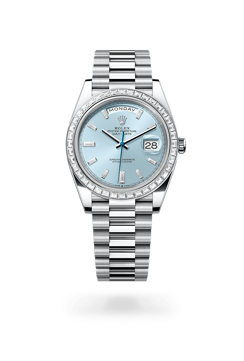 Rolex Day-Date 40, Oyster, 40 mm, platino y diamantes