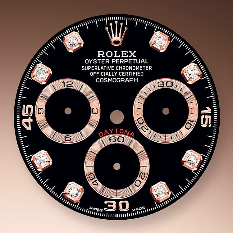 Escala taquimétrica Rolex Cosmograph Daytona de oro Everose y esfera Sundust y negra en Joyería Grau