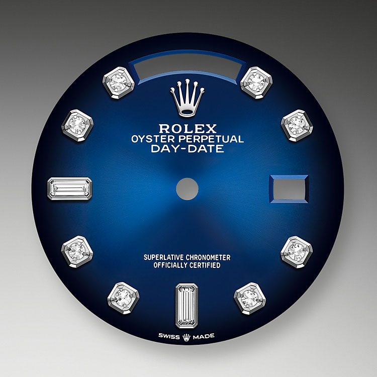 Esfera azul sombreado engastada de diamantes Rolex Day-Date 36 en Joyería Grau