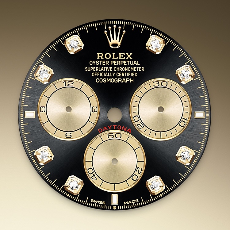  Esfera Negro vivo y dorada engastada de diamantes Rolex Cosmograph Daytona oro amarillo en Joyería Grau
