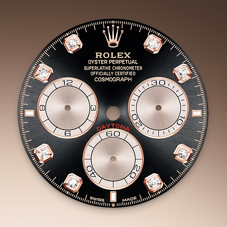  Esfera Negro vivo y Sundust engastada de diamantes Rolex Cosmograph Daytona oro Everose de 18 quilates en Joyería Grau