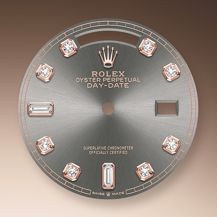 Esfera pizarra Rolex Day-Date 36 oro Everose, diamantes y esfera pizarra engastada de diamantes en Joyería Grau