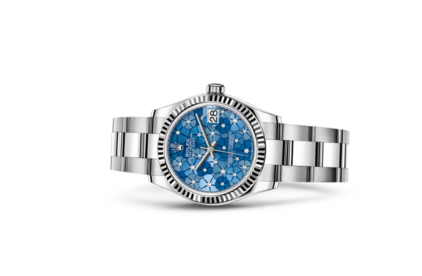 Rolex Datejust 31 azzurro blue dial, floral motif set with diamonds Joyería Grau in Barcelona and Lloret de Mar