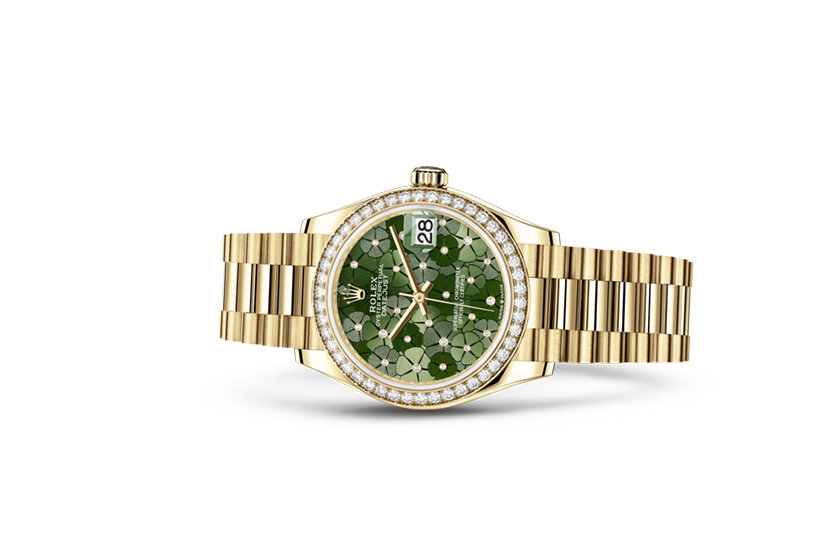 Reloj Rolex Datejust 31 de oro amarillo, diamantes y esfera verde oliva, motivo floral, engastada de diamantes  de Joyería Grau