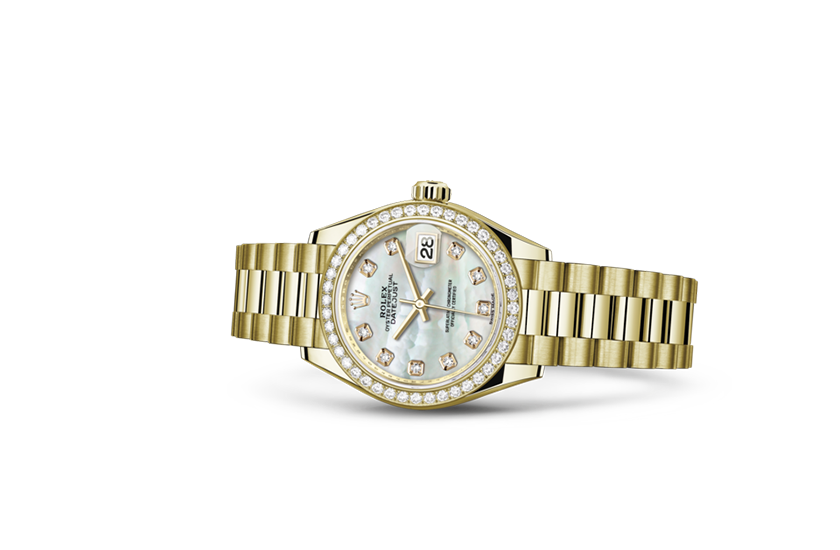 Reloj Rolex Lady-Datejust de oro amarillo, diamantes y esfera de nácar blanco engastada de diamantes en Joyería Grau